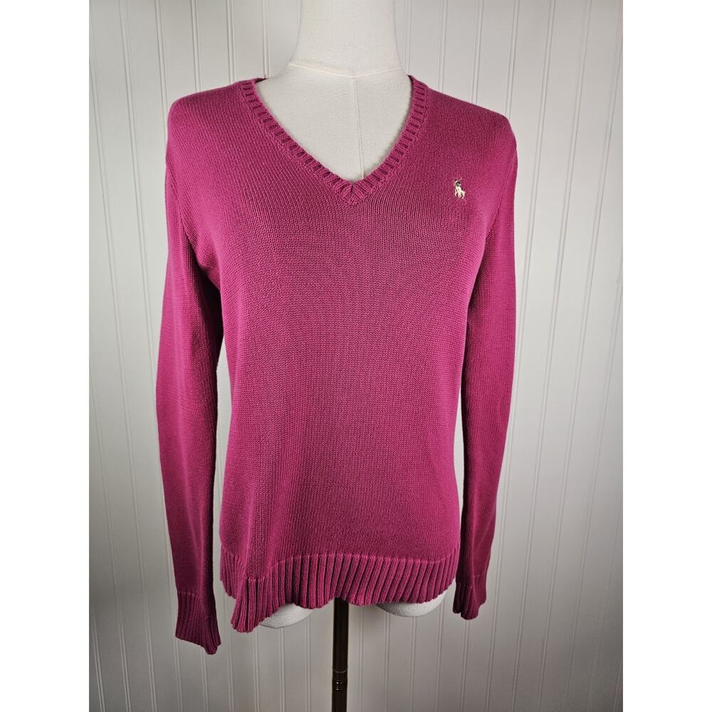 Ralph Lauren Sport 100% Cotton V-Neck Sweater Women's Size L Preppy Pony Pink
